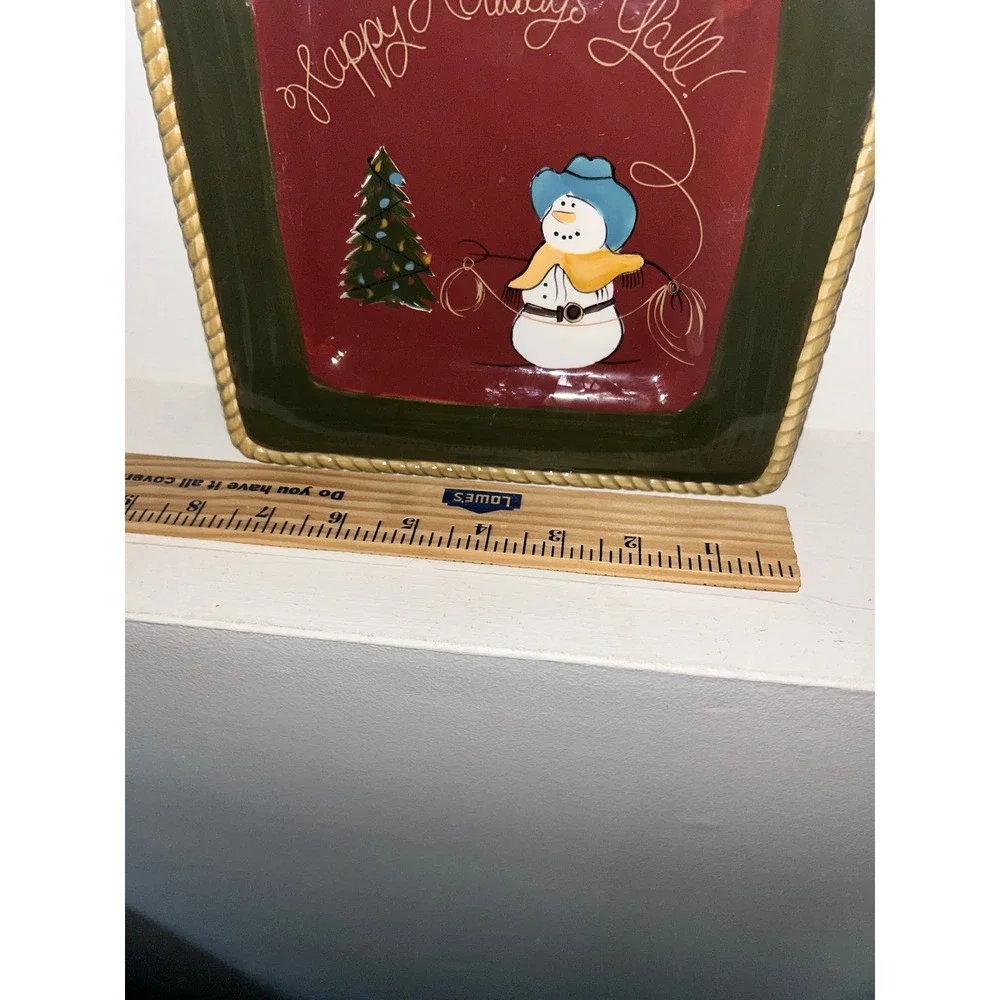 Happy Holidays Y'all Western Snowman Ceramic Square Platter Rope Trim Green Red